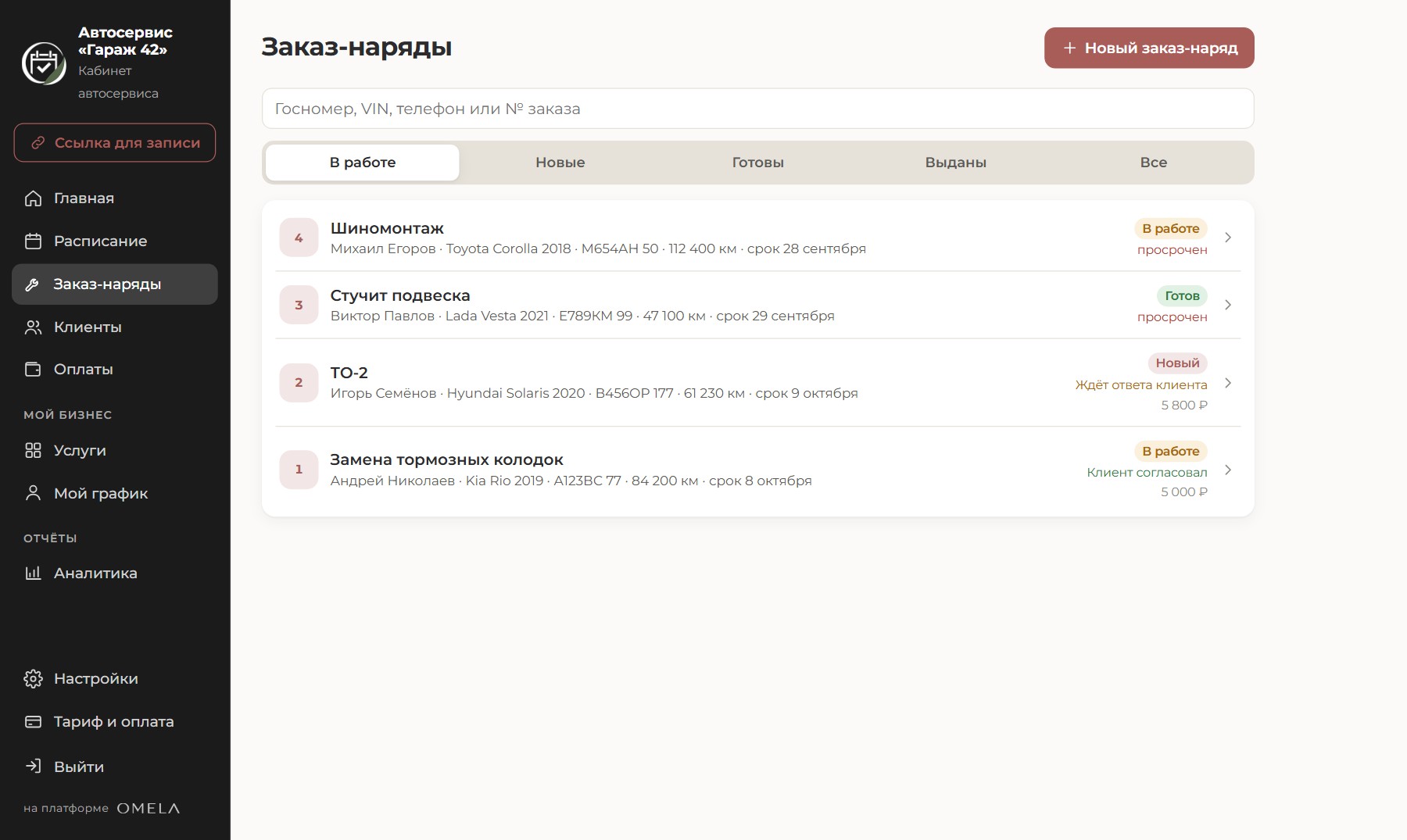 Список заказ-нарядов автосервиса с госномерами и статусом согласования сметы в кабинете OMELA